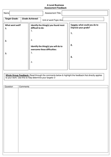 A Level Business targets and feed back sheet