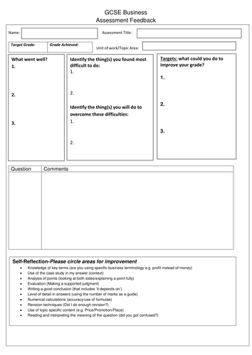 GCSE Business Assessment/homework feedback sheet
