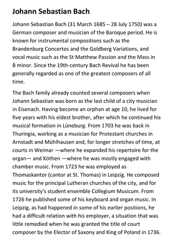 Johann Sebastian Bach Handout