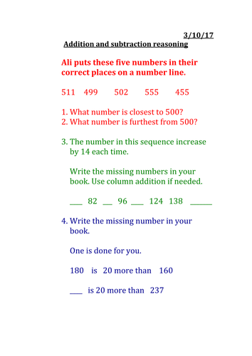 Adding and subtraction problems reasoning year 3 MASTERY