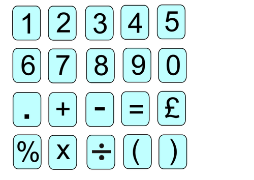 Digit cards 0 to 9 and mathematical symbols