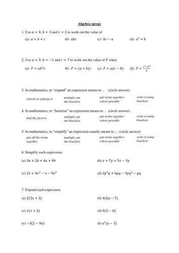 Homework / test on algebra (expand, simplify, factorise)