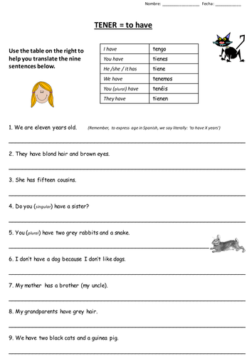 The Verb Tener Worksheet - Promotiontablecovers