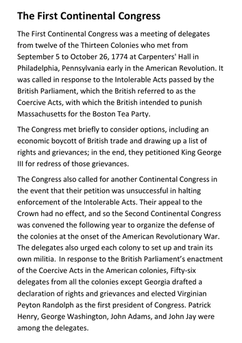 The First Continental Congress Handout