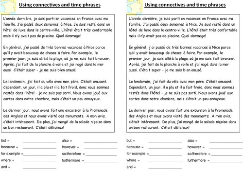 KS3 French: Connectives and time phrases (Perfect tense, holidays)