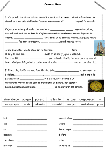 worksheet english text (context: Connectives  KS4 holidays) by worksheet Spanish