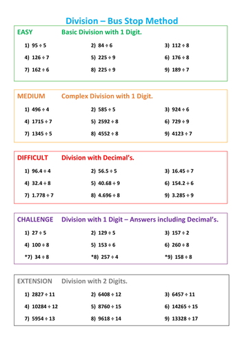 division bus stop method differentiation teaching