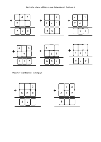 Addition Column Method Missing Numbers