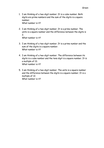 Year 5 I am thinking of a number including knowledge of square, cube and prime numbers.