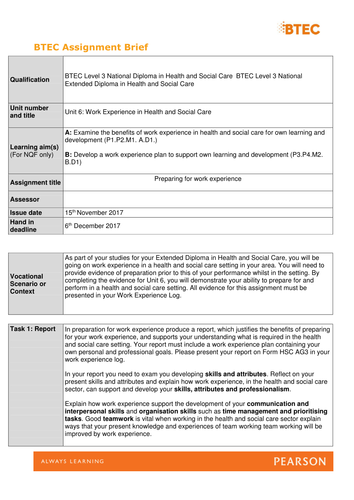 Unit 6. Work experience in Health & Social Care, Assignment briefs [New Spec]