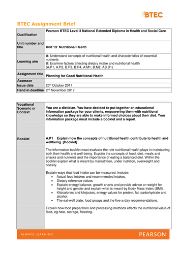 Unit 19. Nutritional Health [New Spec] Assignment briefs