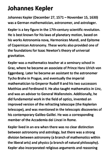 Johannes Kepler Handout