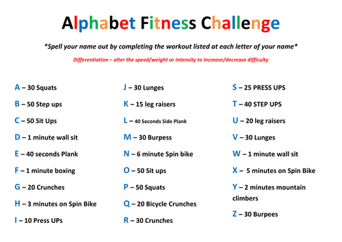 workout exercises alphabet Teaching Fitness  by PE Alphabet Factory Challenge