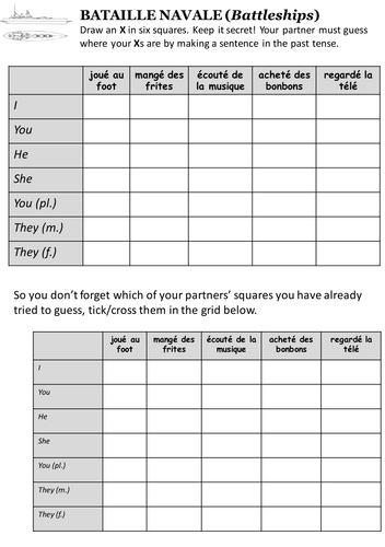 KS3 French: Perfect Tense battleships (pairwork game)