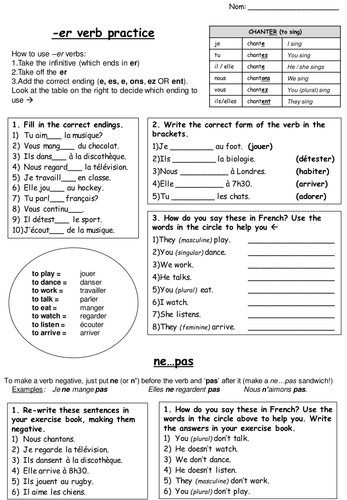 ks3 french er verbs regular worksheet by adj26