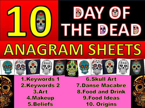 10 x Day of The Dead Anagram Sheets Keyword Starter Settler Wordsearch Art RE PSHE Cover