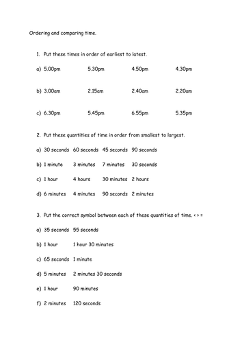 Ordering and comparing time KS1