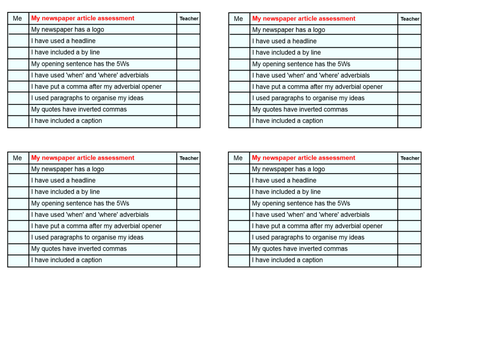 KS2 Newspaper article checklist/ assessment