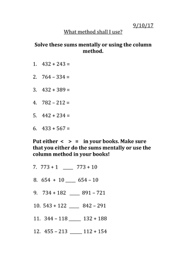 Adding and subtracting numbers mentally and using the column method year 3 MASTERY