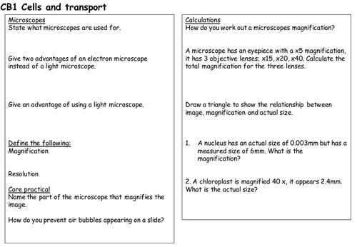 CB1 Cells and transport revision sheet