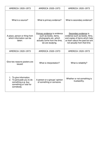Quiz Cards - Excellent Revision for History GCSE AQA America 1920-1973 Opportunity and Inequality