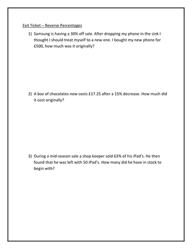 Exit Ticket - Reverse Percentages