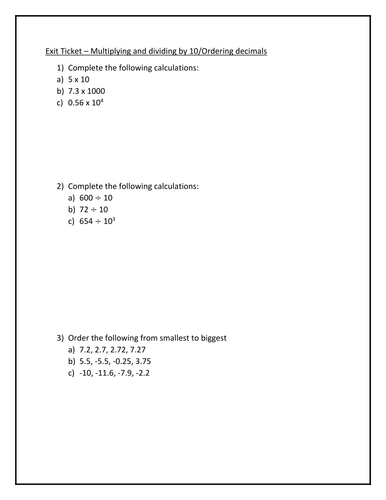 Exit Ticket - Multiplying by powers of 10 and ordering decimals