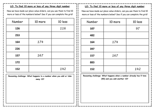 Finding 10 more or 10 less than a number activity