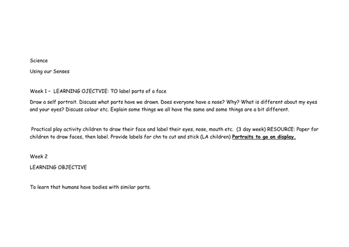 7 week Science Lesson plans -Our senses YEAR 1