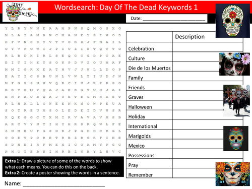 Day of The Dead Keywords Starter Settler Wordsearch Crosssword Factsheet Art RE PSHE Cover Homework