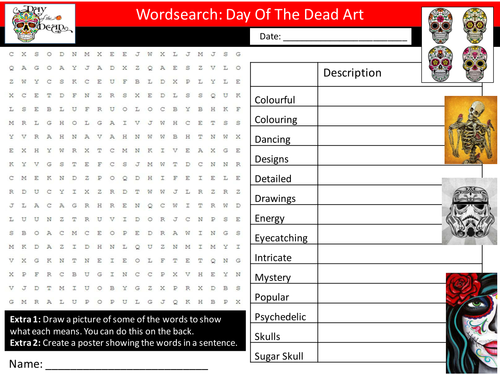 Day of The Dead Art Keywords Starter Settler Wordsearch Crosssword Factsheet RE PSHE Cover Homework