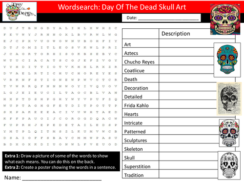 Day of The Dead Skull Art Keywords Starter Settler Wordsearch Crosssword Factsheet Art RE PSHE Cover