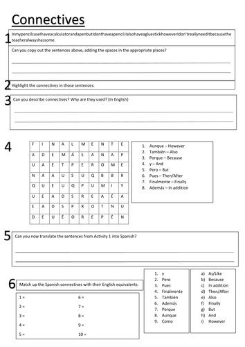 worksheets on connectives for French, Spanish and German