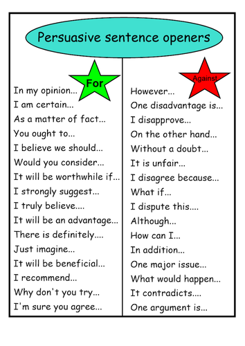 English KS2 Persuasive sentence openers - For and Against