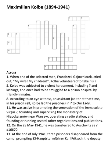 Maximilian Maria Kolbe Crossword