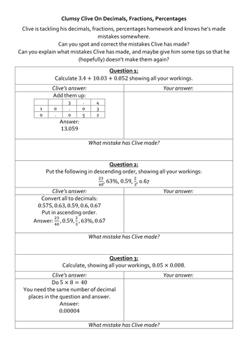 Clumsy Clive On Decimals, Fractions and Percentages
