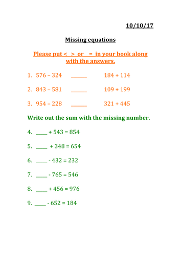 Missing numbers addition and subtraction and inverse year 3 MASTERY