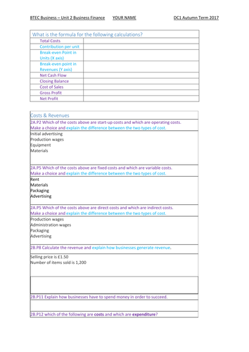 BTEC First Award Business - Unit 2 Finance Test