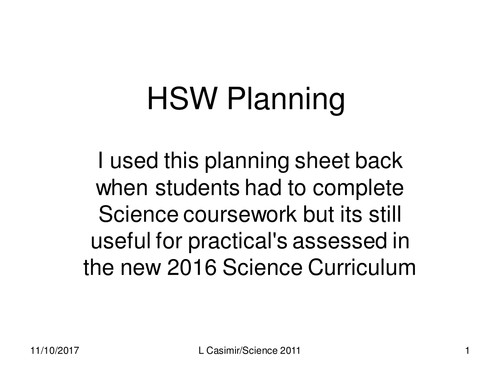 HSW Practical investigation planning sheet and procedure