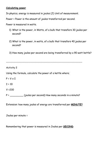 Calculating power - KS3 worksheet (advanced students)