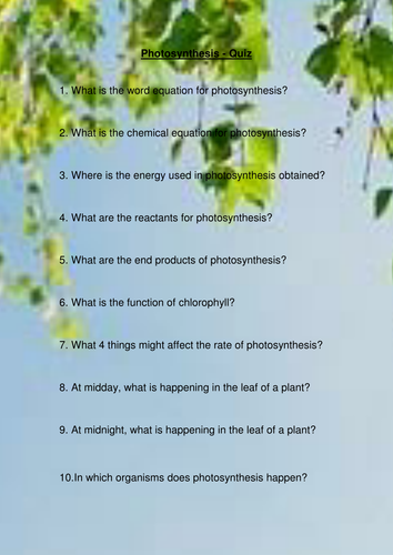 Photosynthesis Quiz for Foundation/KS3 Pupils