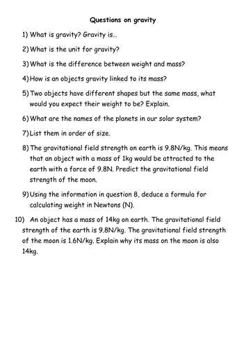 Gravity and calculating weight worksheet