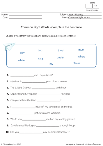 Common Sight Words - Complete the Sentence 3