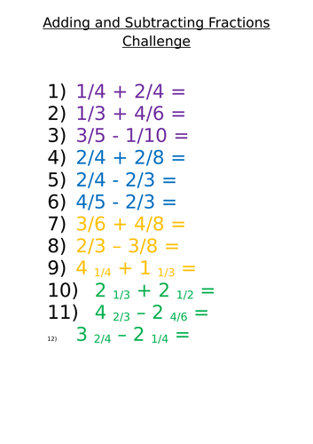 Adding and Subtracting Fractions Differentiated Challenge Year 6