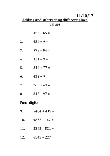 Adding and subtracting numbers with different place values year 3