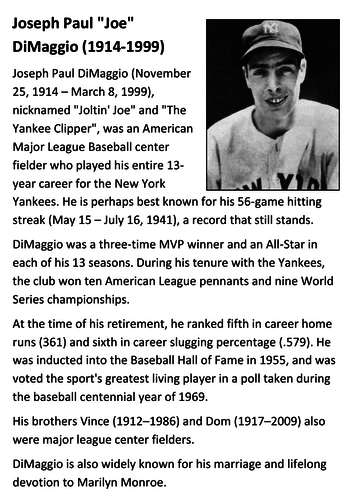 Joe DiMaggio Handout | Teaching Resources
