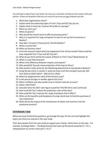 OCR GCSE Business - Regeneration of Bowton Case Study Starter Worksheet