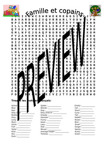 Family and Friends Word Search: Famille et Copains