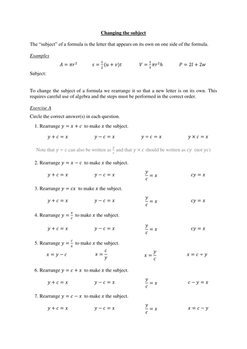 Changing the subject worksheet