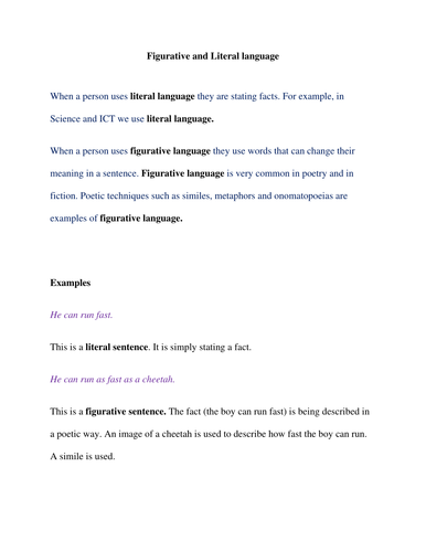 Figurative and Literal language explained to EAL/ESL and/or SEN